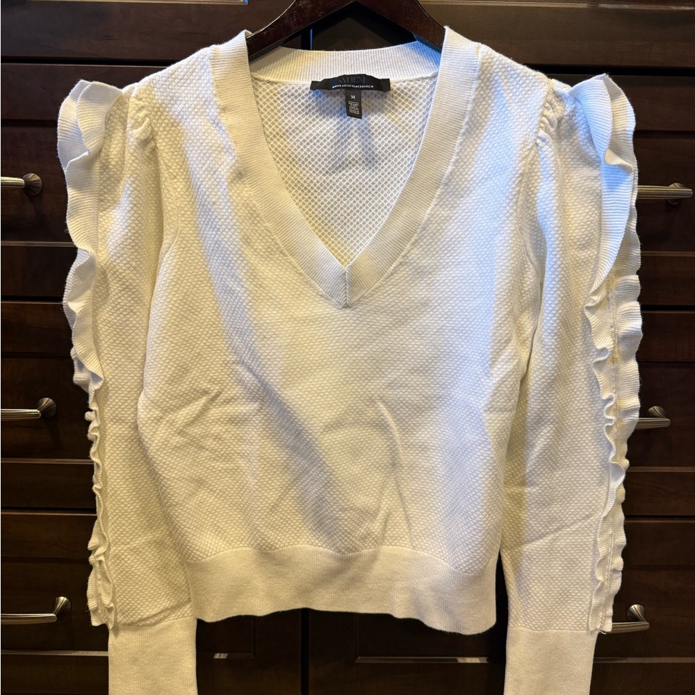 White House Black Market White Ruffle Sleeve Blouse NWOT